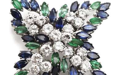 An emerald and diamond brooch set with numerous marquise-cut emeralds, sapphires and brilliant-cut diamonds weighing app. 3.05 ct., mounted in platinum. G-H/VVS