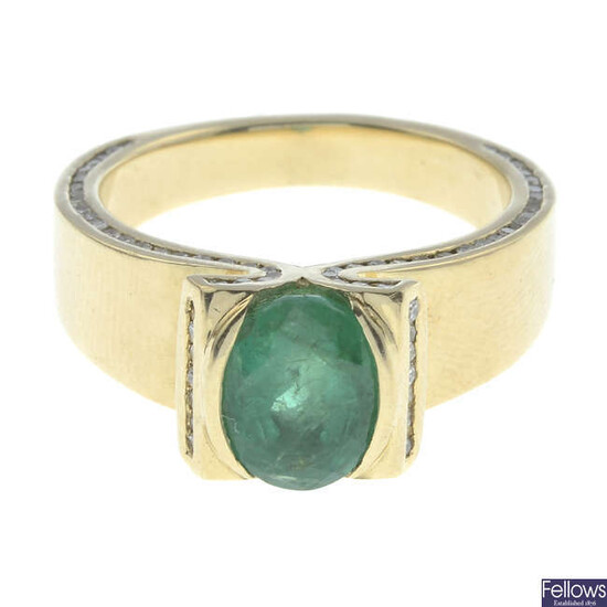 An emerald and single-cut diamond dress ring.