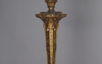 An impressive Baroque Revival giltwood triform torchère lamp standard, decorated with tassels a