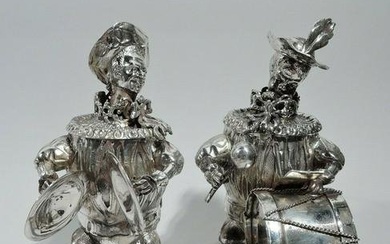 Antique Boxes - Pair Antique Bobble Heads Musicians - German 800 Silver