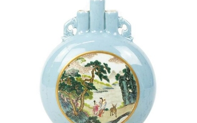 Antique Chinese Blue Porcelain Figural Motif Moon Flask