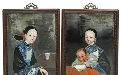 Antique Chinese pair of reverse glass paintings