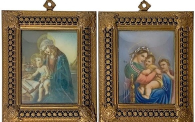 Antique European Pair of Miniature Paintings with a Bronze Frame