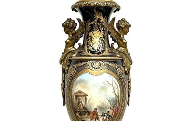 Antique French Sevres Gilt Bronze Mounted Porcelain Covered Vase