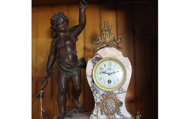 Antique French bronzed spelter figural marble mantle clock, ...