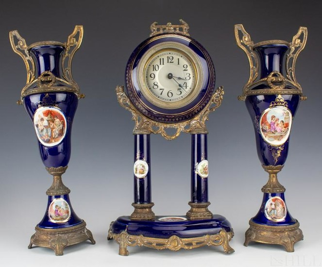 Antique German Cobalt Blue Clock and Garniture Set