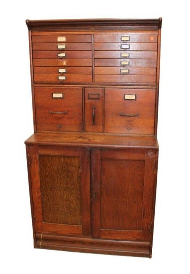 Antique Lundstrom 3 section oak file document cabinet in original finish