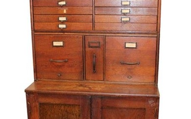 Antique Lundstrom 3 section oak file document cabinet in original finish