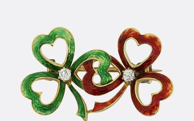 Antique Old Cut Diamond and Enamel Double Clover Brooch