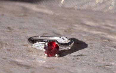 Antique Platinum Ring set with Red Stone and Diamonds