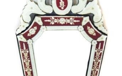 Antique Venetian Etched Red Glass Framed Mirror