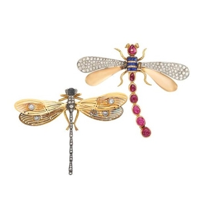 Antique and Retro Gold, Platinum, Silver, Cabochon Ruby, Sapphire and Diamond Dragonfly Brooches