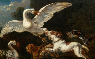 Antwerp School First half 17th Century Swans attacked by dogs