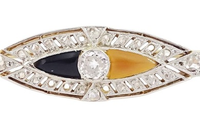 Art Deco 18ct gold and platinum diamond and agate bar brooch