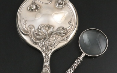 Art Nouveau Sterling Handled Magnifying Glass with Victor Silver Co. Hand Mirror