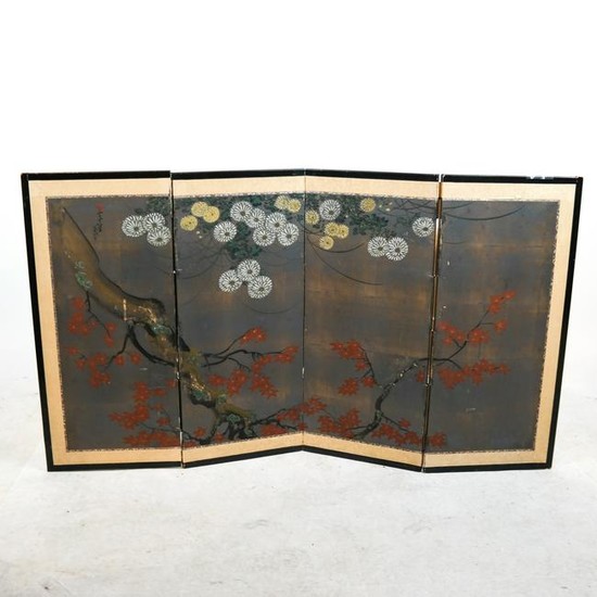 Asian Hand-Painted 4-Panel Screen