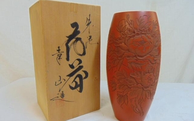Asian vase in wood box, red ceramic floral decorated