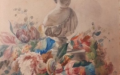Attrib. Luigi Scrosati (1814-1869) - Senza titolo - mezzo busto in cemento raffigurante giovane su piedistallo con fiori