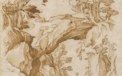 Attributed to Remigio Cantagallina, Italian c.1582-1656- Mountainous wooded landscape with a cross and distant tower; pen and brown ink and wash on laid paper, 22.2 x 17.3 cm. Provenance: Private Collection, UK.