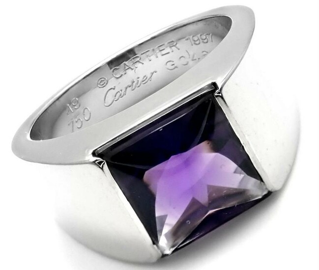 Authentic! Cartier 18k White Gold Amethyst Tank Ring