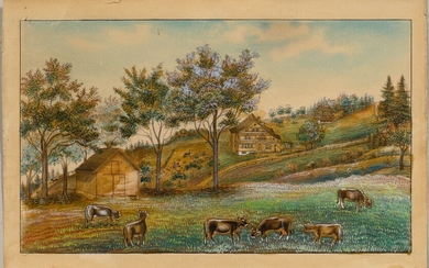 BABELI GIEZENDANNER(Bendel 1831-1905 Hemberg)Vaches devant une ferme du Toggenburg.Aquarelle et blanc couvrant sur crayon sur...