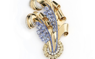 BROCHE RETRO en or, saphir et diamant, années 1940 conçue comme un panache stylisé de...