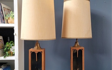 BRUTALIST PERIOD 1960'S WOOD LAMPS WITH INTERIOR LIGHTING