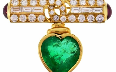 BULGARI Heart Emerald Yellow Gold Pin BROOCH Clip with