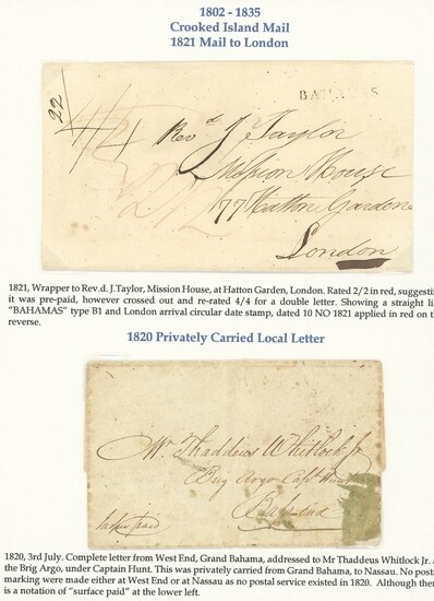 Bahamas Early Letters 1821 (Nov.) wrapper to Mission House, Hatton Garden, rated "2/2" in red,...