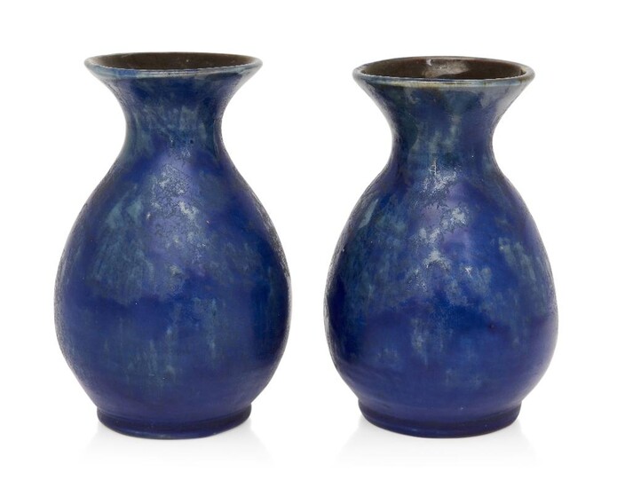 Baron Pottery, Pair of mottled blue glaze vases, circa 1900, Glazed earthenware, Underside incised 'Baron Barnstaple', 13.5cm high