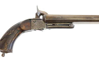 Belgian 26 bore double barrel pinfire pistol, with 5.5 inch...