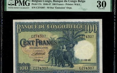Belgian Congo, 100 Francs, 11.3.1946, serial number C274307, (Pick 17c)