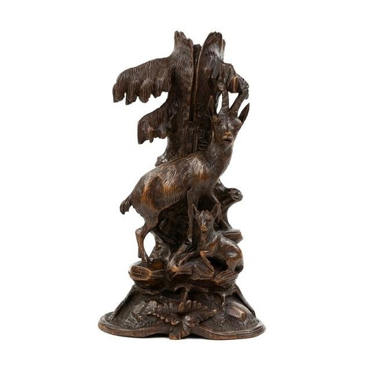 Black Forest Alpine Chamois and Calf Candle Holder Carving