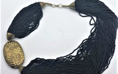 Black Glass Beads Multi Strand Necklace, Brass Closures