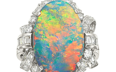 Black Opal, Diamond, Platinum Ring The ring features an...