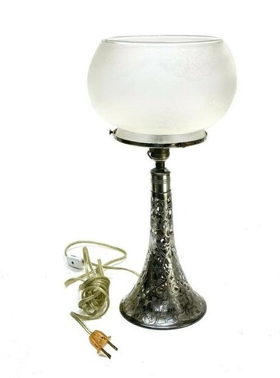 Black Starr Frost 999 Silver Overlay Frosted Glass Lamp