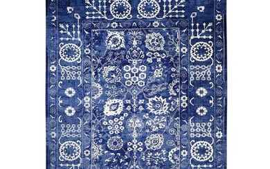 Blue Wool And Silk Tone On Tone Tabriz Oriental Hand