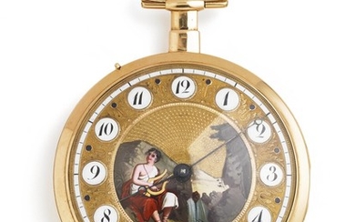 Brandt Jeanrenaud et Robert 18k gold and enamel repeater pocket watch. 19th century. Weight 109 g. Case diam. 59 mm.