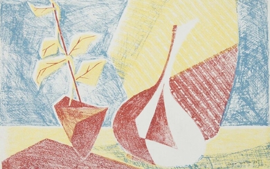 Brian Seaton, British, mid-20th century- Abstract Still life; lithograph in colours, signed and dated '54 in ink, 28 x 38 cm: together with a large collection of prints and abstract coloured ink compositions by the same artist, variously signed...