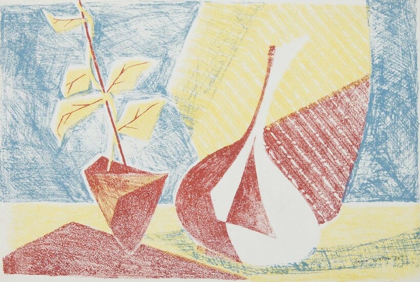 Brian Seaton, British, mid-20th century- Abstract Still life; lithograph in colours, signed and dated '54 in ink, 28 x 38 cm: together with a large collection of prints and abstract coloured ink compositions by the same artist, variously signed...
