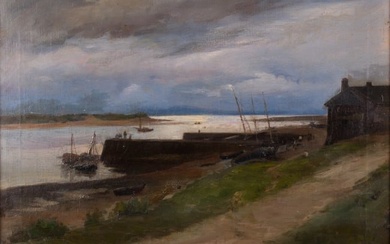 British School late19th Century, Coastal Scene with Docked Boats, 1897, oil on canvas