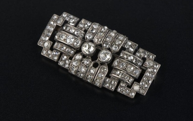 Silver plate brooch set with one hundred and twenty-one antique or rose-cut diamonds, the two central diamonds of about 0.2 ct (a small lack).