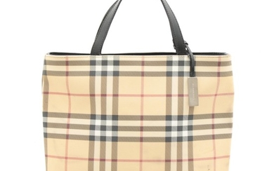 Burberry "House Check" Coated Canvas and Black Leather Medium Tote Bag