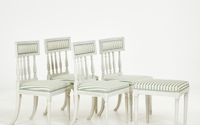 CHAIRS and STOOLS, 5 dlr, late Gustavian style, painted frame, cut decor, turned legs, 1800/20th century.