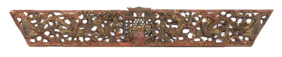 CHINESE CARVED WOOD LINTEL Depicting a dragon, phoenix and carp flanking a pavilion with figures. Gilt and red painted details. Leng...