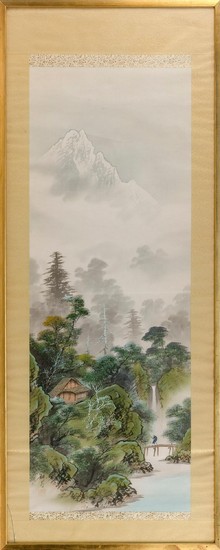 CHINESE PAINTING ON SILK Depicting a figure on a footbridge at the base of a mountain. Signed and seal marked lower left. 44" x 16"....