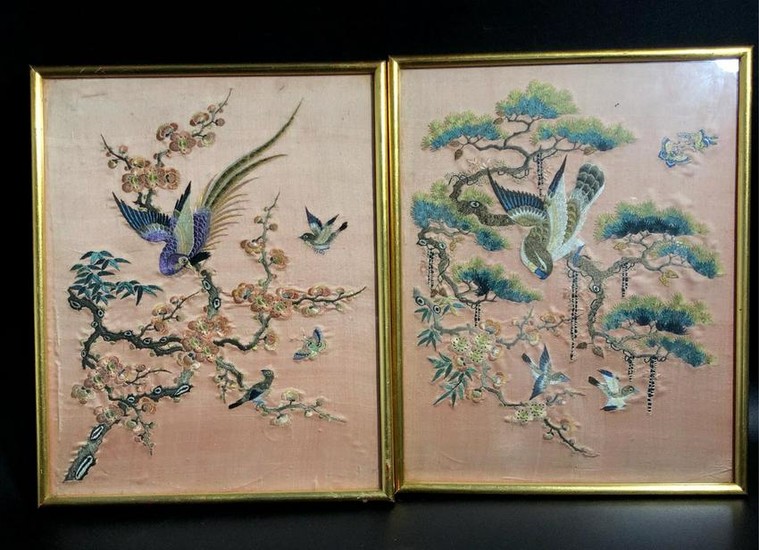 CHINESE SILK EMBROIDERY PANEL OF BIRD AND FLOWER