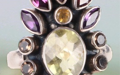CITRINE & AMETHYST STERLING SILVER FLORAL RING