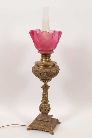 CRANBERRY GLASS GLOBE OIL LAMP, C. 1870, H 28", DIA 10"