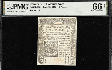 CT-206. Connecticut. June 19, 1776. 9 Pence. PMG Gem Uncirculated 66 EPQ.